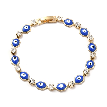 Rack Plating Iron Lip & Square Link Chains Bracelet, Enamel Evil Eye Bracelet with Clear Cubic Zirconia for Women, Golden, Blue, 7-7/8 inch(20cm)