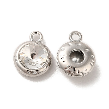Glass Pendants, Rack Plating Platinum Alloy Findings, Nickel Free, Flat Round Charms, Clear, 15x11.5x6mm, Hole: 2mm