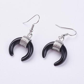 Natural Black Agate Dangle Earrings, with Platinum Plated Brass Findings, Dyed & Heated, Double Horn/Crescent Moon, 40mm, Pin: 0.6mm