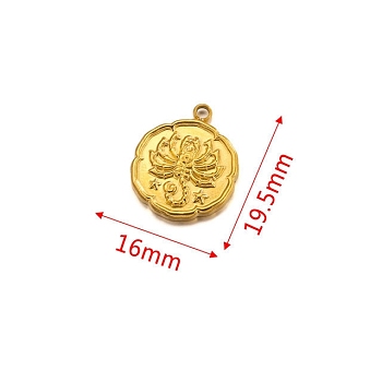 Stainless Steel Pendant, Golden, Flat Round with Constellation Charm, Scorpio, 19.5x16mm