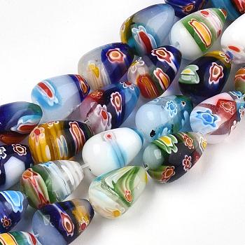 Handmade Millefiori Glass Beads Strands, White Porcelain, teardrop, Colorful, about 14mm long, 10mm wide, hole: 1.5mm, 28pcs/strand
