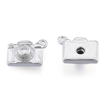 Brass Micro Pave Clear Cubic Zirconia Charms, Cadmium Free & Nickel Free & Lead Free, Camera, Real Platinum Plated, 9.5x13x5mm, Hole: 1.5mm