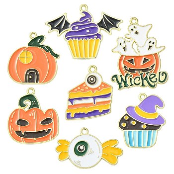 35Pcs 7 Styles Halloween Alloy Enamel Pendant, Pumpkin Jack-O'-Lantern & Candy & Bat with Cake, Orange, 16~28.5x17~30x1mm, Hole: 1.5mm, 5pcs/style