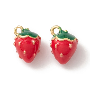 2Pcs Brass Enamel Charms, Imitation Fruit, Matte Gold Color, Strawberry Charm, Red, 13x11x10mm, Hole: 1.2mm