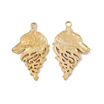 Ion Plating(IP) 304 Stainless Steel Pendants, Wolf Head Charm, Real 18K Gold Plated, 38x22x2mm, Hole: 2.5mm