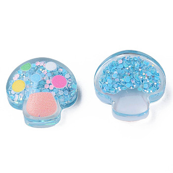 Printed Transparent Epoxy Resin Cabochons, with Paillettes, Mushroom, Deep Sky Blue, 16.5x17x6mm