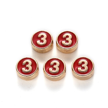 Alloy Enamel Beads, Flat Round, Number, Cadmium Free & Lead Free, Light Gold, Red, 8x3.5mm, Hole: 1.5mm