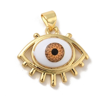 Brass Pendants, with Acrylic, Cadmium Free & Lead Free, Long-Lasting Plated, Evil Eye, Real 18K Gold Plated, Saddle Brown, 16.5x19x6mm, Hole: 4x3.5mm