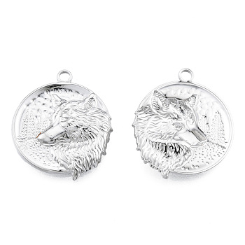 201 Stainless Steel Pendants, Flat Round with Wolf, Stainless Steel Color, 30x25.5x3mm, Hole: 2.5mm
