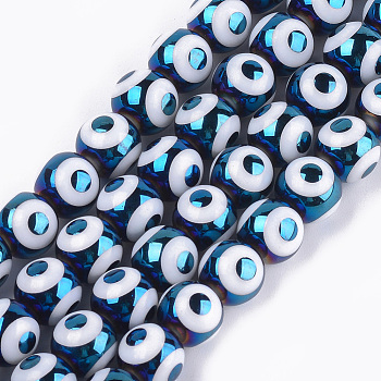 Electroplate Glass Beads Strands, Round with Evil Eye Pattern, Steel Blue, 10x9.5~10mm, Hole: 1.2mm, about 30pcs/strand, 11.2 inch