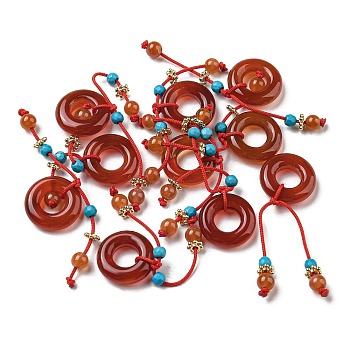 Natural Red Agate Donut Pendants, Ring Charms with Faceted Synthetic Turquoise Tassel, 40mm, Donut: 14x34mm, Hole: 6mm