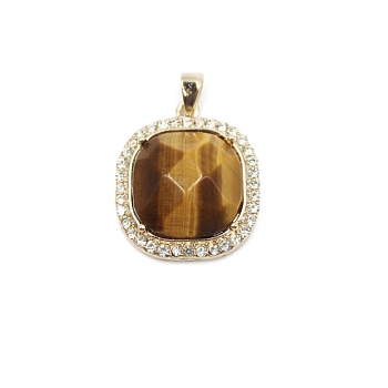 Natural Tiger Eye Faceted Pendants, Platinum Plated Alloy Square Charms, 34x23mm