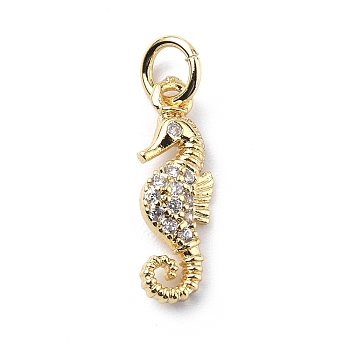 Brass Micro Pave Cubic Zirconia Charms, with Jump Ring, Sea Horse Charms, Real 18K Gold Plated, 16x5.5x2.5mm, Hole: 3.2mm
