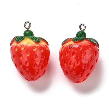 Resin Pendants, with Iron Findings, Imitation Fruit, 3D Strawberry, Red, 30.5x20.5x20mm, Hole: 2mm