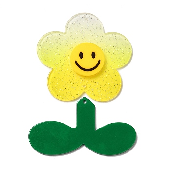Acrylic Big Pendants with Glitter Powder, Flower with Leaf, Yellow, 61x62.5x4.5mm, Hole: 2.5mm
