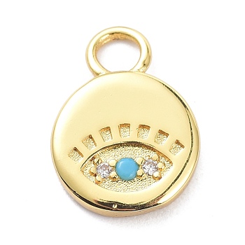 Brass Micro Pave Cubic Zirconia Pendants, Flat Round with Eye, Golden, 13x9.5x1.5mm, Hole: 3mm