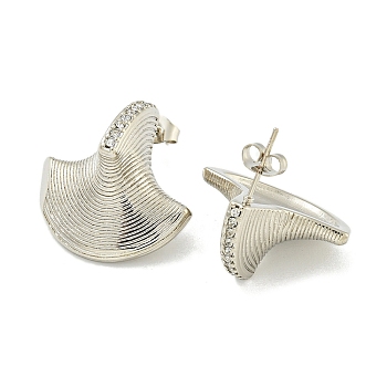 304 Stainless Steel with Rhinestone Stud Earrings for Women, Golden, Fan, Crystal, 25x24.5mm
