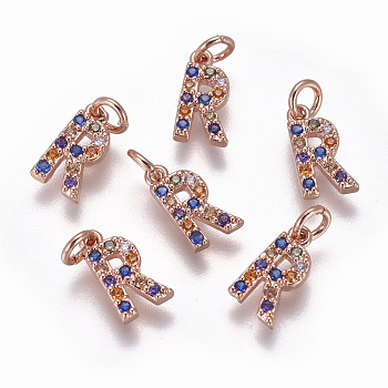 Brass Micro Pave Cubic Zirconia Charms, Letter, Colorful, Rose Gold, Letter.R, 9.6x5.3x1.8mm, Hole: 2~2.5mm