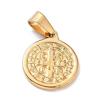 304 Stainless Steel Charms, Flat Round with Cssml Ndsmd Cross God Father Religious Christianity, Golden, 18.5x15.5x1.5mm, Hole: 4x6mm