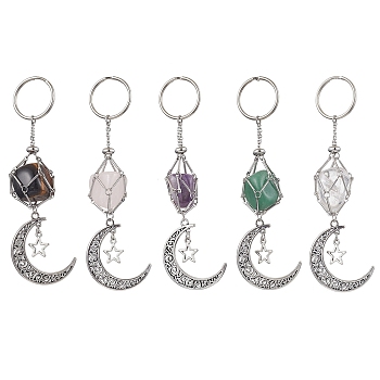 Nuggets Natural Gemstone Keychains, with Brass Macrame Pouch Stone Holder and Alloy Moon Pendant, 12.1cm
