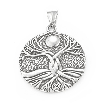 304 Stainless Steel Pendants, Flat Round with Tree of Life Pattern, Antique Silver, 42.5x37.5x3mm, Hole: 4x9mm