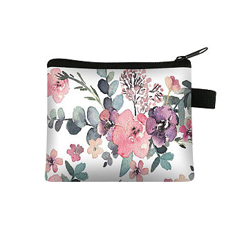 Flower Pattern Cartoon Style Polyester Clutch Bags, Change Purse with Zipper & Key Ring, for Women, Rectangle, White, 13.5x11cm