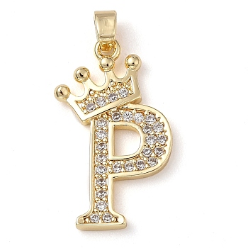 Rack Plating Brass Micro Pave Cubic Zirconia Pendants, Long-Lasting Plated, Lead Free & Cadmium Free, Real 18K Gold Plated, Letter P, 22~24x12~22x2mm, Hole: 3x4mm