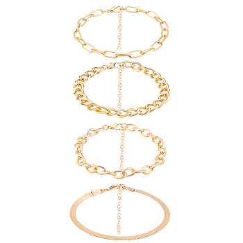 4Pcs 4 Style Alloy Curb & Cable & Paperclip & Herringbone Chain Bracelets Set for Men Women, Golden, 7-1/8~7-1/2 inch(18~19.1cm), 1Pc/style