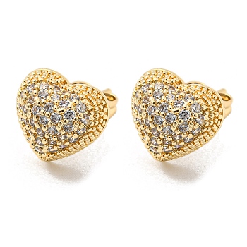 Brass with Clear Cubic Zirconia Stud Earrings, Heart, Light Gold, 12x12mm