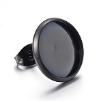Stainless Steel Stud Earring Settings, Flat Round, Ion Plating(IP), Electrophoresis Black, Tray: 12mm, 14mm, Pin: 0.7mm(STAS-L211-07D-B)