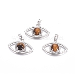 Natural Tiger Eye Pendants, with Platinum Tone Brass Findings and Crystal Rhinestone, Eye, 21.5x33.3x7.5mm, Hole: 7x5mm(G-L512-H10)