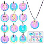 12Pcs 12 Styles Hollow Stainless Steel Charms, Twelve Constellations, Rainbow Color, Constellation, 12x1mm, Hole: 3.5mm, 1 pc/style(FIND-WR0012-01)