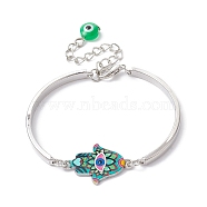 Alloy Bangles, Hamsa Hand with Evil Eye Link Bracelets for Women, Dark Turquoise, 5-1/4 inch(13.2cm)(BJEW-JB09986-02)
