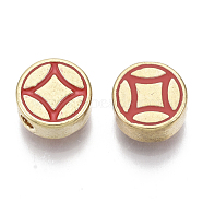 Brass Enamel Beads, Golden, Nickel Free, Coin, Red, 8x4mm, Hole: 1.8mm(KK-N232-24B-01-NF)