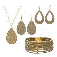 Textured Imitation Leather Teardrop Pendant Necklace & Dangle Earrings & Multi-Strand Bracelet, Golden Alloy Jewelry Set for Women, Pale Goldenrod, 850mm, 78x37mm, 80x39mm, 192mm In Diameter(JX529E)