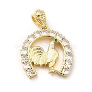 Brass Micro Pave Cubic Zirconia Pendants, Long-Lasting Plated, Real 18K Gold Plated, Horseshoe with Rooster, Clear, 27x25x5mm, Hole: 4.5x6mm(KK-H433-28G)
