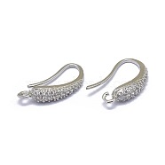 Brass Micro Pave Cubic Zirconia Earring Hooks, with Horizontal Loop, Clear, Platinum, 19x4mm, Hole: 1.5mm, 20 Gauge, Pin: 0.8mm(ZIRC-L079-01P)