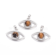 Natural Tiger Eye Pendants, with Platinum Tone Brass Findings and Crystal Rhinestone, Eye, 21.5x33.3x7.5mm, Hole: 7x5mm(G-L512-H10)