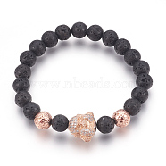 Stretch Bracelets, with Long-Lasting Plated Electroplated Natural Lava Rock, Natural Lava Rock and Brass Cubic Zirconia Beads, Buddha, Rose Gold, 2-1/8 inch(5.5cm)(BJEW-G601-13RG)