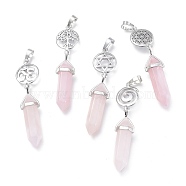 Natural Rose Quartz Pointed Big Pendants, Double Terminated Pointed, with Platinum Plated Brass Findings, Faceted, Bullet, 59~67x14~15mm, Hole: 7x5mm, Gemstone: 41~44x8mm(G-D0021-01P-22)