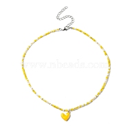 Alloy Enamel Heart Charm Necklace, Glass Seed Beaded Necklace for Women, Yellow, 17.13 inch(43.5cm)(NJEW-PH01493-01)