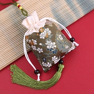 Brocade Sachet Bag, Drawstring Floral Embroidered Bag, Rectangle with Tassel, Olive, 42cm, Bag: 12.5x8.8x0.2cm, Bead: 0.8~0.9cm, Tassel: 12.5x1cm(ABAG-H108-03E)