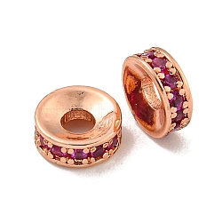 Brass Cubic Zirconia Spacer Beads, Long-Lasting Plated, Lead Free & Cadmium Free, Rondelle, Fuchsia, 6x2mm, Hole: 2mm(KK-L215-004B-RG01)