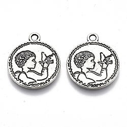 Tibetan Style Alloy Pendants, Cadmium Free & Lead Free, Flat Round with Angel, Antique Silver, 22.5x19x1.5mm, Hole: 1.8mm, about 400pcs/1000g(TIBE-N006-30AS-LF)