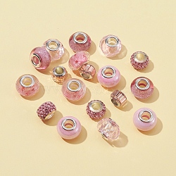 DIY Beads Jewelry Making Finding Kits, Including Opaque Resin & Glass & Acrylic & 304 Stainless Steel  European Beads, Pink, 11~14x7~9mm, Hole: 5mm, 18pcs/bag(DIY-FS0002-74)