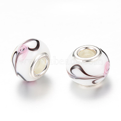 Rondelle Lampwork Large Hole European Beads, with Silver Color Plated Brass Cores, White, 13~14x10~11mm, Hole: 5mm(X-LPDL-R003-01A)