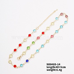 Fashion Summer Theme Brass with Glass Link Chain Necklace for Women Girl, Flat Round, Colorful, 15.75 inch(40cm)+5cm(HK8171)