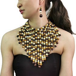 Bohemian Style Wood Round Beaded Pendant Necklaces & Dangle Earrings Sets, Coconut Brown, 380mm(FS-WG26D1A-02)
