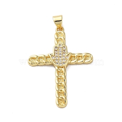 Brass Micro Pave Clear Cubic Zirconia Pendants, Real 18K Gold Plated, Cross, Palm, 36x26~26.5x3~4mm, Hole: 4x3.5mm(KK-A212-06E-G)