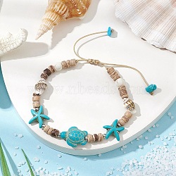 Ocean Theme Starfish Turtle Synthetic Turquoise & Coconut Braided Bead Bracelet Sets, Adjustable Cowrie Shell Bracelets, Deep Sky Blue, Inner Diameter: 2~3-1/8 inch(5~8cm)(BJEW-JB11460-01)